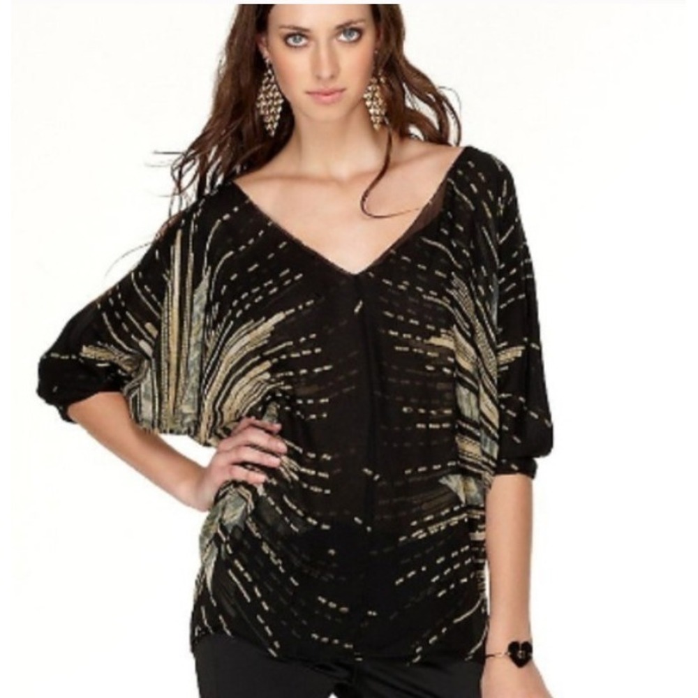 DVF‎ Diane Von Furstenberg BINI PHOTOGRAPHIC SUN BLACK TOP BLOUSE sz 4 100% silk